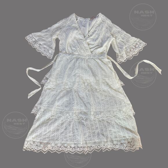 Gibson & Latimer M White Lace Wrap Dress | Midi Cottage, Feminine, Boho Romantic - Picture 1 of 5
